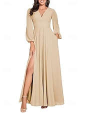 baratos Vestidos para Madrinhas-Linha A Vestido de Madrinha Decote V Manga Longa Elegante Longo Chiffon com Fenda Frontal / Franzido 2022
