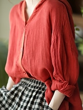 cheap Shirts-Women&#039;s Shirt Cotton Linen Shirts Button Up Blouse Solid Color Basic Casual Long Sleeve Hooded Regular Tops Daily Buttons White Red Blue Beige Summer