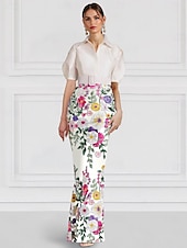 cheap BLUE-Blue Floral Embroidered Column Evening Gown Elegant Dress Formal Wedding Floor Length Short Sleeve Shirt Collar Satin with Slit Appliques 2025