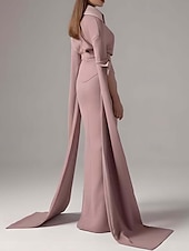 voordelige Vloerlengte-Zeemeermin  Trompet Moeder van de Bruid Jurk Bruiloft Gast Elegante Eenvoudige Minimalistische V-Hals Shirt Kraag Vloerlengte Satijnen Crepe Lange Mouwen met Knopen