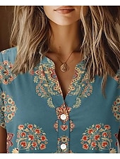 cheap Women&#039;s Boho Tops-Women&#039;s Shirt Floral Elegant Vintage Tropical Short Sleeve Shirt Collar Regular Tops Daily Buttons Print Dusty Blue Summer