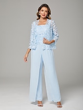 abordables Longueur du plancher-Combinaison Robe de Mère de Mariée  Formel robe demoiselle d honneur Elégant Echarpe incluse Col Carré Longueur Sol Mousseline de soie Dentelle Sans Manches Echarpe incluse avec Appliques 2025