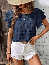 cheap Work Tops-Women&#039;s Blouse Solid Color Elegant Daily Stylish Short Sleeve Crew Neck Regular Tops Daily Holiday Going out Ruffle Patchwork Sage Green Red Navy Blue Purple Green Summer Spring