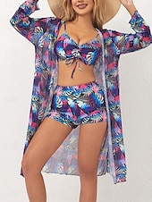voordelige 3-delige bikiniset-Dames Zwemkleding Bikini 2 stuks Korte broek Zwempak Blote rug Slank Vakantie Strand Kleding Bladeren V-hals Mouwloos Lange mouw Badpakken