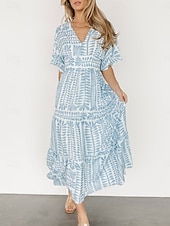 olcso Alkalmi virágos ruhák-Női Midi ruha hétköznapi ruha Boho elegáns ruhák Boho ruha Csehország Szüret Stílusos Vakáció Hétköznapi Napi Normál Csík Rövid ujjú V-alakú Fekete Világoszöld Világoskék Nyár Tavasz