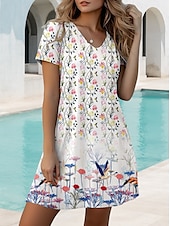 tanie Sukienki boho-Damskie Sukienka mini Codzienne sukienki Elegancja Urlop Zabytkowe Codzienny Regularny Kwiaty Graficzny Ditsy kwiatowy Krótki rękaw Półgolf Biały Lato Wiosna