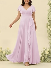 baratos Vestidos para Madrinhas-Linha A Vestido de Madrinha Decote V Manga Curta Elegante Longo Chiffon com Fru-Fru / Franzido 2022