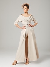 olcso Anya kombinéi-Két részes jumpsuit  nadrágruha a menyasszony édesanyjának formális esküvői vendég elegáns parti kerek nyakú váll alatti bokáig érő rugalmas anyag 3/4 hosszú ujjú öv  szalaggal