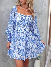 billiga Blommig klänning-Dam Mini klänning Korsettklänning A linjeklänning Milkmaid klänning Puffärmsklänning Semester Semester Dagligen Normal Grafisk Långärmad Fyrkantig hals Blå Sommar