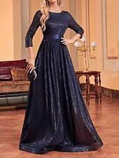 billige Gjestekjoler til bryllup-A-linje Bryllupsgjest Kjoler Festkjole Prom Black Tie Gala Gulvlengde 3/4 Lengde Erme Crew Utringning Belte  Bånd Spandex med Glitrende Frynser Paillett