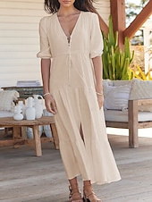 cheap Casual Dress-Women&#039;s Maxi Dress Casual Dress Swing Dress A Line Dress Casual Vacation Daily Regular Fit Plain Short Sleeve V Neck Black Navy Blue Fuchsia Green Summer