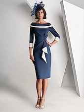 cheap Tea Length-Sheath / Column Mother of the Bride Dress Elegant Vintage Simple Off Shoulder Tea Length Crepe 3/4 Length Sleeve Jacket Dresses with Ruffles Color Block Race Day Dress