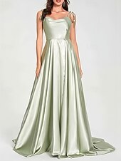 baratos Vestidos para Madrinhas-vestido de dama de honra linha A, alças finas, sem mangas, elegante, cauda curta, charmeuse, com frente aberta / franzido 2025