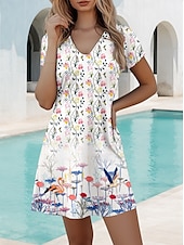 tanie Sukienki boho-Damskie Sukienka mini Codzienne sukienki Elegancja Urlop Zabytkowe Codzienny Regularny Kwiaty Graficzny Ditsy kwiatowy Krótki rękaw Półgolf Biały Lato Wiosna