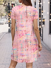 preiswerte Kunst &amp; Design Kleid-Damen Mini Kleid T-Shirt Kleid Tee Kleid A-Linie Kleid Sommerkleid Urlaub Stilvoll Freizeit Urlaub Täglich Regelmäßige Passform Grafik Geometrisch Kurzarm V-Ausschnitt Rosa Sommer