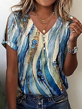 billige Kvinnenes Kunst &amp; Design Topper-Kvinne Bluse Ombre Grafisk Stripete Casual Kort Erm V Utringet Regular Tops Daglig Knappe Print Blå Sommer