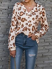 billige Kvinne Grafiske Topper-Dame T skjorte Leopard Mote Moderne Fritid Langermet V-hals Vanlige topper Daglig Helg Hvit Rosa Blå Brun Vår Høst