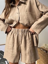 ieftine Seturi-Pentru femei Modă Șic Stradă Cămașă Seturi inspirate de in Seturi din două piese Pantaloni scurți de plajă Pantaloni scurți largi Manșon Lung Guler Cămașă Culoare solidă Cordon Vacanță Purtare Zilnică