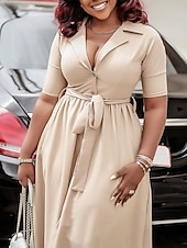 preiswerte Einfaches Kleid-Damen Midikleid blusenkleid A Linie Kleid Elegant Ausgefallene Arbeit Regular Fit Glatt Halbe Ärmel Hemdkragen Rote Königliches Blau Aprikose Sommer