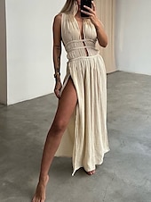 ieftine proiectează rochii din bumbac și in-Pentru femei Rochie Lunga Rochie Maxi Rochii inspirate din in Rochie în carouri Rochie casual Rochie de vară Modă În aer liber Concediu Dată Fit regulat Simplu Fără manșon În V Negru Maro Bej Var