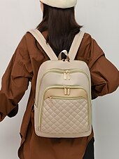 お買い得  ファッションバックパック-ダブルジッパー、ゴールドトリム、調節可能なストラップ付きのベージュキルティングレディースバックパック - スタイリッシュで実用的なレディースバックパック、仕事、学校、またはカジュアルな外出に最適 ブラック ピンク ブラウン