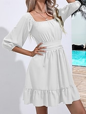 cheap Plain Dress-Women&#039;s Mini Dress A Line Dress Milkmaid Dress Off The Shoulder Dress Puff Sleeve Dress Vacation Vacation Daily Regular Fit Plain Half Sleeve Square Neck Black White Light Green Pink Summer