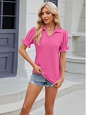 cheap Lace Tops-Women&#039;s Boho T-shirt Plain Bohemia Cute Stylish Short Sleeve Puff Sleeve V Neck Shirt Collar Regular Tops Daily Going out Weekend Ruffle Eyelet Sage Green Black White Pink Wine Summer
