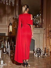 abordables Robes de cocktail-Robe cocktail fourreau  colonne Robe élégante invitée de mariage formelle longueur cheville sans manches cou bijou avec poche crêpe extensible avec châle