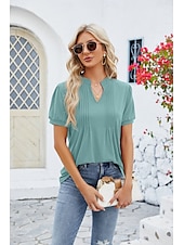 billige Kvinne Enkle Topper-Dame Boho T-skjorte Grafisk عادي Bohem søt stil Stilfull Kortermet Puffermer V-hals Vanlige topper Daglig Ut på byen Helg Trykt mønster Grå og Hvit Svart+Hvit+Grå Svart Lysegrønn Vin Sommer