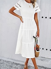 ieftine Rochii Albe din Dantela-Pentru femei Rochii Midi Rochie albă Rochie de dantela Rochie casual Rochie de vară Modă În aer liber Concediu Dată Fit regulat Simplu Manșon scurt Stil Nautic Negru Alb Trifoi Vară Primăvară