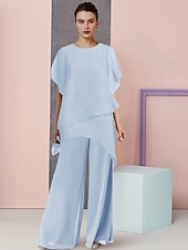 abordables Combinaisons pour maman-Ensemble de deux pièces combinaison  pantalon pour mère de la mariée invitée de mariage élégant grande taille col rond longueur totale chiffon manches courtes avec couleur unie 2025 taille