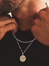 abordables Joyas para hombres-Collar con colgante de brújula vintage para hombre: cadena de doble capa de aleación de metal, amuleto vikingo nórdico, joyería náutica para viajes y aventuras