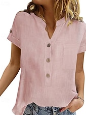 baratos Camisas-Mulheres Camisa Social Camisa de linho Camisas de algodão e linho Tecido Diário à moda Básico Manga Curta Colarinho de Camisa Tops regulares Trabalho Diário Feriado Botões Rosa Azul Rosa cor de Rosa