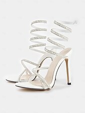 cheap Formal-Women&#039;s White Strappy Rhinestone Wrap-Around Stiletto Sandals – Luxury High Heels for Wedding &amp; Parties
