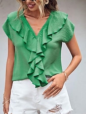 preiswerte Damen Einfache Oberteile-Damen Hemd Bluse Feste Farbe Elegant Täglich Stilvoll Kurzarm Fledermaus Ärmel V Ausschnitt Normale Oberteile Arbeit Täglich Abendgesellschaft Knopf Orange Grün Beige Sommer Frühling