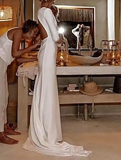 cheap Wedding Dresses-Wedding Dresses Ball Gown Scoop Neck Long Sleeve Chapel Train Satin Bridal Gowns With Pleats Ruched