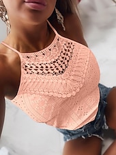 abordables Débardeurs et camisoles femme-Débardeur pour femmes en camisole noir blanc jaune couleur unie dentelle trou quotidien col halter coupe régulière S