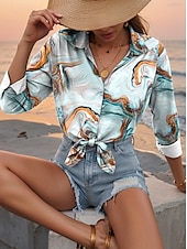 voordelige Vrouwen&#039;s Kunst &amp; Design Tops-Dames Overhemd Tie Dye Abstract Casual Lange mouw Overhemdkraag Normale tops Werk Dagelijks Knop Afdrukken Licht Blauw Lente Herfst Winter