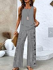 voordelige Tweedelige sets-Vrouwen 2-delige Mode Tanktop Broeksets Mouwloos Vierkante Hals Gestreepte Gelaagde Print Casual Dagelijks Grijs Zomer Reguliere Pasvorm