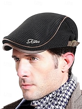 preiswerte Herrenhüte-Stylische schwarze Newsboy-Kappe für Herren mit Lederbesatz, atmungsaktivem Stoff, verstellbare Passform – lässiger Vintage-Flachhut für den Alltag und Outdoor-Aktivitäten