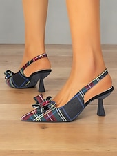 cheap Slingback Pumps-Women's Tartan Plaid Slingback Heels – Pointed Toe Kitten Heels with Bow Detail, Elegant Pumps for Parties &amp; Office Wear