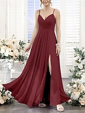 baratos Vestidos para Madrinhas-Linha A Vestido de Madrinha Decote V / Com Alças Finas Sem Manga Elegante Longo Chiffon com Pregas / Fenda Frontal / Franzido 2022