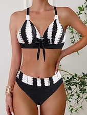 billige Bikinisett-Dame Badetøy Bikini 2 stk Frekk Badedrakt Åpen rygg Tynn Ferie Strand Klær Grafisk V-hals Ermeløs Badedrakter
