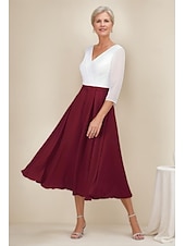 olcso Tea hossza-A-vonalú ruha menyecske anyukájának Elegáns Egyszerű V nyak Tea hosszúságú Chiffon 3/4 Hosszú ujjú Csipkével Egyszínű Midi ruha 2025