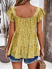 abordables Tops Graphiques pour Femmes-Femme Chemise Chemisier Floral mode Décontractées Manche Courte Col Carré Hauts réguliers du quotidien A Volants Imprimer Noir Jaune Rouge Beige Eté