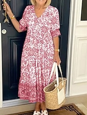 olcso Bohém ruhák-Női Midi ruha hétköznapi ruha Boho elegáns ruhák Boho ruha Csehország Stílusos Alkalmi Vakáció Hétköznapi Napi Laza öltözet Grafika Féhosszú V-alakú Arcpír rózsaszín Medence Égszínkék Sárgabarack