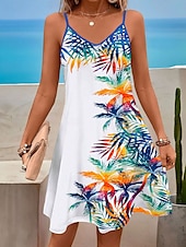 abordables Robes hawaïennes-Robe Mini Femme Robe Décontractée Robe Petite Robe de Plage Robe d&#039;Été Robe Décontractée Vacances Quotidienne Coupe Standard Feuille Sans Manches V Col Bleu Été