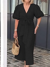 cheap Plain Dress-Women&#039;s Maxi Dress A Line Dress Solid Color Summer Dress Puff Sleeve Dress Basic Casual Puff Sleeve Vacation Daily Regular Fit Graphic Short Sleeve V Neck Black White Yellow Pink Summer