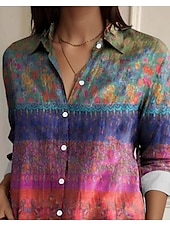 tanie Damskie topy boho-Damskie Koszula Kwiaty Codzienny Długi rękaw Kołnierzyk koszuli Zwykłe topy Praca Codzienny Guziki Nadruk Pomarańczowy Wiosna Jesień Zima