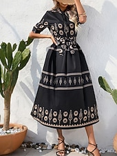 ieftine Rochii casual florale-Pentru femei Rochie Lunga Rochie Maxi Rochie casual Rochie de vară Rochie Boho Modă În aer liber Concediu Dată Fit regulat Vopsire Lungime Manșon 3/4 Guler Cămașă Negru Alb Trifoi Vară Primăvară